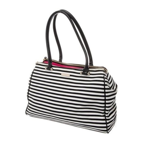 Kate Spade Black & White Striped Satchel Handbag With Pink Polka Dot Interior - Picture 2 of 5